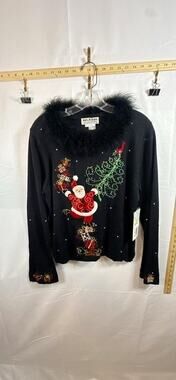 Jack B Quick Vintage Christmas Sweater L Black Santa Faux Fur Collar NWT Ramie